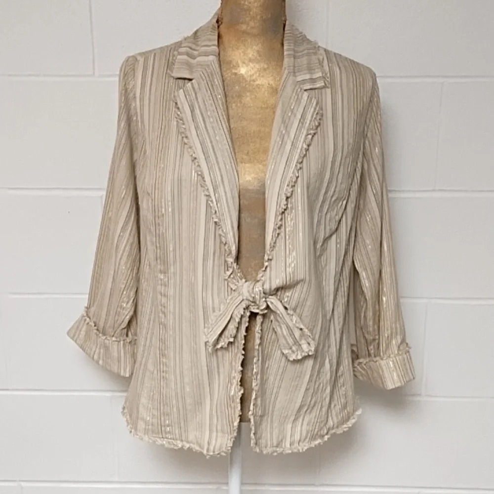 Cato Very Lightweight Cotton, Raw Edge, Tie Front Blouse Shacket Layering Piece